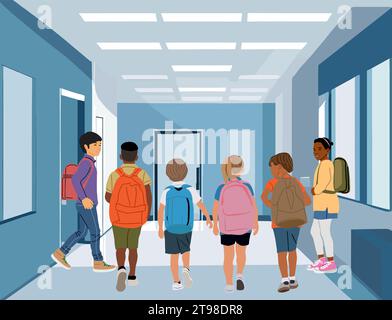 Gruppe von Schülern, die im Schulflur-Vektor laufen. Stock Vektor