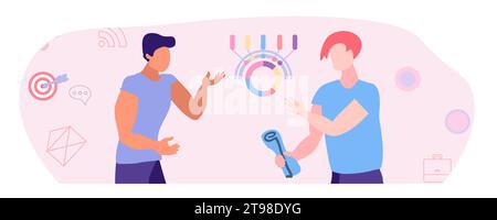 Das Konzept des erfolgreichen Marketings, der Analyse. Junge Geschäftsleute diskutieren über Partnerschaft. Diagramm, Diagramm, Berechnungen, Analysen, Marketing. Zeichentrickgrafik-Vektor-Illustration. Stock Vektor