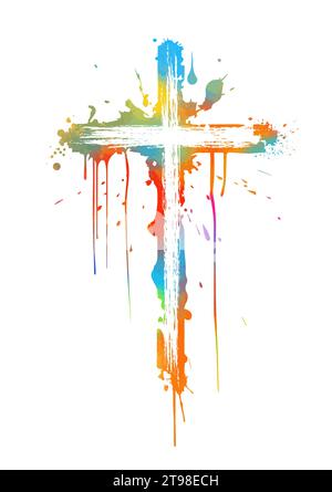 Farbiges Kreuz aus Blots. Frohe ostern. Handzeichnung. Nicht AI, Vektorillustration Stock Vektor