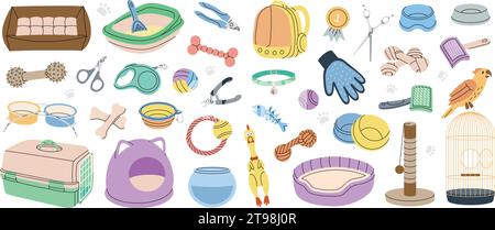Tierzubehör-Set. Zubehör für Haustiere. Schlafkissen, Kauspielzeug, Medaille, Schere, Nagelschneider, Bürste, Fellentferner, Aquarium, Rucksackträger Stock Vektor