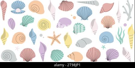 Muschelset. Tropische Unterwasserschalen. Süßwasseralgen, Korallen, Seesterne, Muscheln, Jakobsmuscheln, Perlen. Vektorabbildung. Stock Vektor