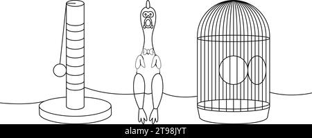 PET-Zubehör Set eine Linie kontinuierliche Zeichnung. Katzenturm, Katzenkratzbaum, Kautschuk-Hühnerspielzeug, Vogelkäfig durchgehende einzeilige Illustration. Stock Vektor