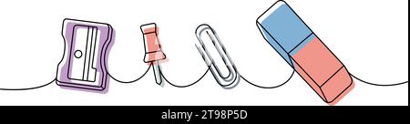 Set mit Schulmaterial. Zurück in die Schule, einzeilige, durchgehende Zeichnung. Bleistiftspitzer, Stecknadeln, Daumengriff, Büroklammer, Gummiradierer. Stock Vektor