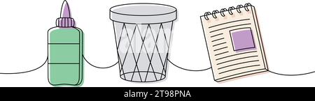 Schulbedarf. Zurück in die Schule, einzeilige, durchgehende Zeichnung. Flasche Kleber, Mülleimer, durchgehende 1-zeilige Illustration des Notizbuchs. Stock Vektor