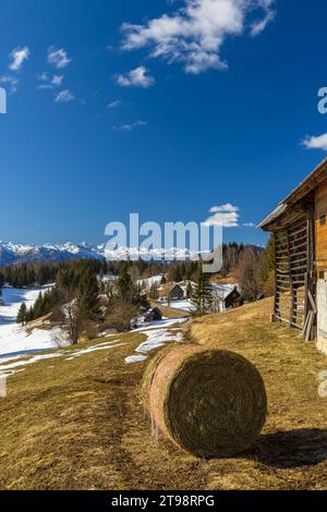 Typische Holzhütten in Gorjuse, Nationalpark Triglavski, Slowenien Stockfoto