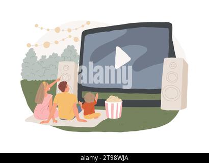 Open-Air-Kino isolierte Konzept-Vektor-Illustration. Freiluftkino, Hinterhof-Kino, Filme im Freien ansehen, Autovermietung, Tickets online kaufen, mieten Sie aufblasbares Bildschirmvektorkonzept. Stock Vektor