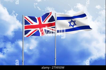 Israel und Großbritannien winken zusammen gegen den blauen Himmel Stockfoto