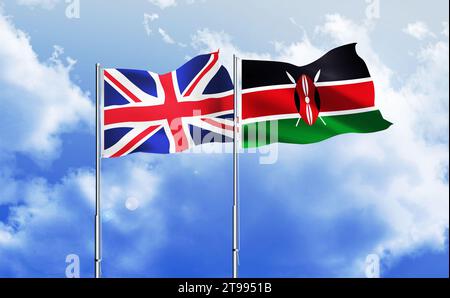 Kenia, UK Fahnen zusammen winken gegen blauen Himmel Stockfoto