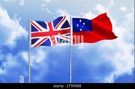 Samoa, britische Fahnen winken zusammen gegen blauen Himmel Stockfoto