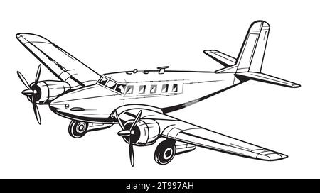 Handgezeichnetes Retro-Flugzeug. Realistisches Vintage-Flugzeug isoliert. Vektorillustration mit Gravur. Vorlage für Ihre Konstruktion funktioniert. Stock Vektor