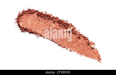 Braune Lidschatten Textur, isoliert auf weißem Hintergrund. Pinselmuster für Kosmetikprodukte Stockfoto
