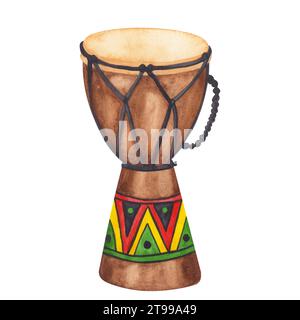 Afrikanische Trommel tam tam, Djembe, Bongo, Conga, Musikinstrument mit traditionellen Ornamenten. Urlaub in Kwanzaa. Schwarzer Monat der Geschichte. Handgezeichnetes Aquarell Stockfoto