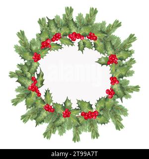 Weihnachtskranz aus Tannenzweigen mit stechpalmenbeeren und Blättern. Traditionelle Wintergirlande. Einrichtung für Neujahr, Weihnachten und saisonale Feiertage. Stockfoto