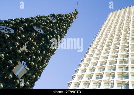London, 23. November 2023: Ein geschmückter Weihnachtsbaum vor dem Centrepoint-Gebäude an der Kreuzung von Oxford Street, Charing Cross Road und Tottenham Court Road. Der Name Centrepoint wird auch mit einer Wohltätigkeitsorganisation für Obdachlose in Verbindung gebracht. Anna Watson/Alamy Live News Stockfoto