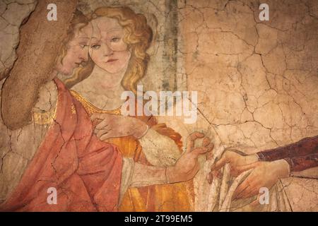 Detail der Venus und des Freskos der drei Graces von Sandro Botticelli im Louvre, Paris, Frankreich. Stockfoto