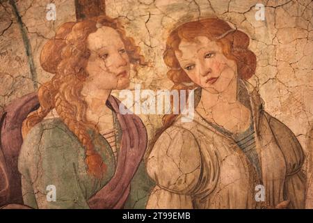 Detail der Venus und des Freskos der drei Graces von Sandro Botticelli im Louvre, Paris, Frankreich. Stockfoto