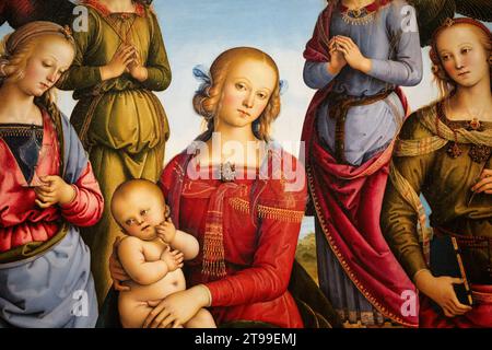 Detail des Madonna-Kind-Gemäldes von Pietro Perugino im Louvre, Paris, Frankreich. Stockfoto