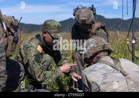 US-Marines mit 2. Bataillon, 2. Marine-Regiment, US-Army Staff-Sgt. Kennith Rothra, ein Spezialist für elektromagnetische Kriegsführung bei der 1. Multi-Domain Task Force, und ein Mitglied der Japan Ground Self-Defense Force, suchen Sie nach simulierten feindlichen Frequenzen auf dem elektromagnetischen Spektrum während der Feldübungen von Resolute Dragon 23 im JGSDF Hijyudai Manöver Area, Oita, Japan, 22. Oktober 2023. RD 23 ist eine jährliche bilaterale Übung in Japan, die die Kommandos-, Kontroll- und Mehrdomänenmanöver-Fähigkeiten der Marines in der III Marine Expeditionary Force und der alliierten Japan S stärkt Stockfoto