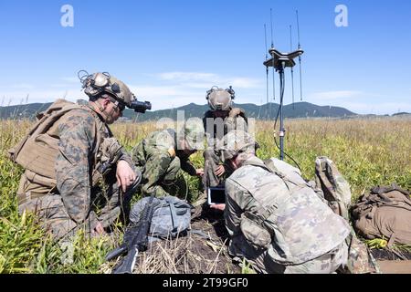 US-Marines mit 2. Bataillon, 2. Marine-Regiment, US-Army Staff-Sgt. Kennith Rothra, ein Spezialist für elektromagnetische Kriegsführung bei der 1. Multi-Domain Task Force, und ein Mitglied der Japan Ground Self-Defense Force, scannt nach simulierten feindlichen Frequenzen auf dem elektromagnetischen Spektrum während des Trainingsteils Resolute Dragon 23 im JGSDF Hijyudai Manöver Area, Oita, Japan, 22. Oktober 2023. RD 23 ist eine jährliche bilaterale Übung in Japan, die die Kommandos-, Kontroll- und Mehrdomänenmanöver-Fähigkeiten der Marines in der III Marine Expeditionary Force und der alliierten Japan S stärkt Stockfoto