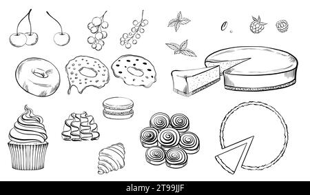 Kulinarisches Set aus Käsekuchen, Zimt, Cupcakes. Creme, Croissant, Macaron, Donut mit Glasur, Süßwarendekoration, Beeren, Minzblätter Stock Vektor