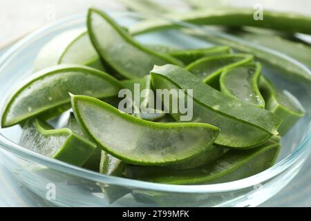 Frische Aloe Vera Scheiben in Glasschale, Großaufnahme Stockfoto