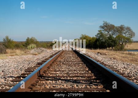 Eine Reihe von Eisenbahngleisen verschwindet am fernen Horizont, während sie an einem sonnigen Morgen in eine westliche Prärie führen. Stockfoto