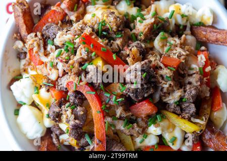 Poutine im italienischen Stil wurde über den Kopf geschossen Stockfoto