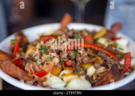 Poutine im italienischen Stil als einzelne Portion Stockfoto