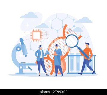 Biotechnologie oder biotechnologische DNA-Forschung als Gentechnik-Umrisskonzept. Helix-Spiral-Klon-Untersuchungsprozess. Moderne Illustration des flachen Vektors Stock Vektor