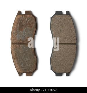 Neue und gebrauchte Scheibenbremsbeläge der Fahrzeuge, Komponenten der Fahrzeugbremsanlage, die aus Reibmaterialien bestehen, greifen auf die Bremsscheibe oder den Rotor isoliert auf weiß Stockfoto