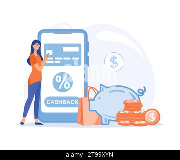 Cashback-Konzept. Frau mit Smartphone, Geld geht in eine Sparkasse. Moderne Illustration des flachen Vektors Stock Vektor