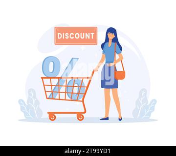 Frau schiebt Einkaufswagen mit großem Prozentzeichen. Konsumverhalten und Menschen, Rabatte auf Verkaufswagen. Moderne Illustration des flachen Vektors Stock Vektor