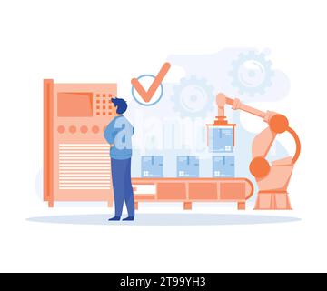 Techniker arbeiten mit interaktiver Schnittstelle. Intelligente Industrie, flache Vektor-moderne Illustration Stock Vektor