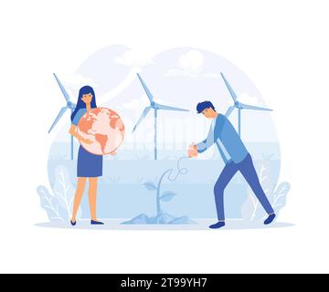 Ökologie – Grüne Menschen, die von natürlichen Symbolen für ökologische und erneuerbare Energien umgeben sind. Moderne Illustration des flachen Vektors Stock Vektor