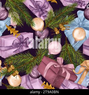 Nahtloses Weihnachtsmuster mit Weihnachtsspielzeug und digitaler Illustration aus Kiefernzweig isoliert auf Dunkelheit. Weihnachtsgeschenkboxen, Ball handgezeichnet. Element für Stockfoto
