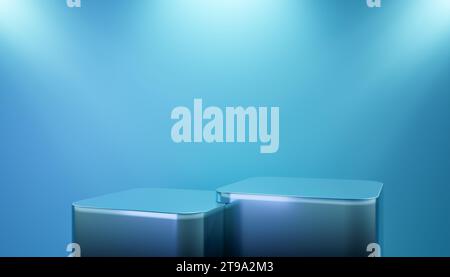 Zwei Blaue Podium Mockup. Studio-Showroom-Sockel, Modeschau stellt Szene 3D-Podestplätze nach. Zwei Produktpräsentationen realistisches Podium oder Plattform schlecht Stockfoto