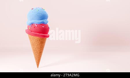 Weicheis Waffelkegel auf rosafarbenem Hintergrund. Softeis servieren, Eisbecher in Waffelkegel oder Vanilleeis der Maschine. Gefrorenes Dessert mit zwei Bällen. Stockfoto