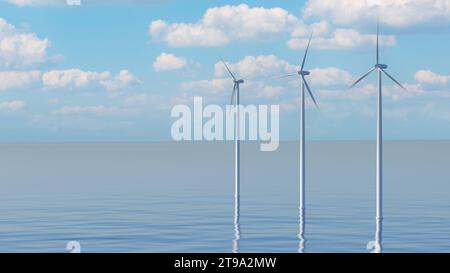 Offshore-Windturbines Farm. Umweltfreundliche Energieerzeugung. Schwimmende Windturbinen, die im Meer installiert sind. Alternative Energiequelle Stockfoto