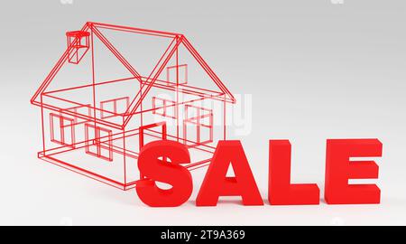 Luxuriöse Aufschrift Sale mit Drahtmodellhaus auf grauem Podium, weiches Licht, glatter Hintergrund, 3D-Rendering-Illustration Stockfoto