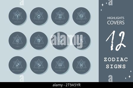 Zodiac-Zeichen im Boho-Stil. Hebt Stories Cover für beliebte soziale Medien hervor. Set von astrologischen Symbolen isoliert auf blauem Hintergrund. Mystery und Stock Vektor