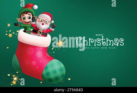 Weihnachtssocken im Vektordesign. Grußkarte mit weihnachtsmann- und Elfenfiguren in santa-Socken-Deko-Elementen für frohe weihnachten und Happy New Year. Stock Vektor
