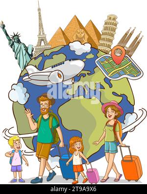 Familie Urlaub Reise Vektor Illustration. Flugzeug fliegt über die Welt isoliert auf weißem Hintergrund. Reisekonzept. Vektormaterial Stock Vektor