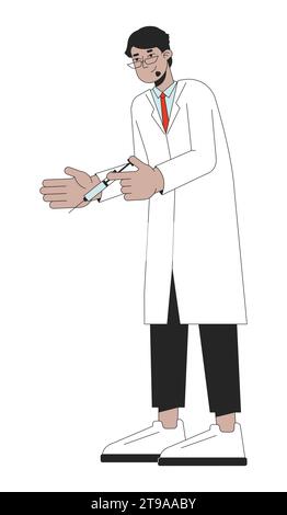 Arabischer weißer Mantel Doktor hält Spritze 2D lineare Zeichentrickfigur Stock Vektor