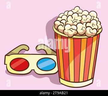 3D-Stereo-Brille, Popcorn gestreifter Eimer. Kinozubehör Vektorsymbole isoliert gesetzt. Stock Vektor