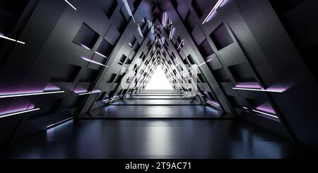 Ein schwach beleuchteter Raum mit leuchtendem violettem Licht, der eine faszinierende und immersive Atmosphäre erzeugt. 3D-Darstellung Stockfoto