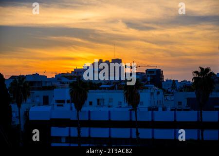 Sonnenuntergang in Tel Aviv, Israel, Blick von einem Dach in der Basel Street im Viertel Old North nach Westen Stockfoto