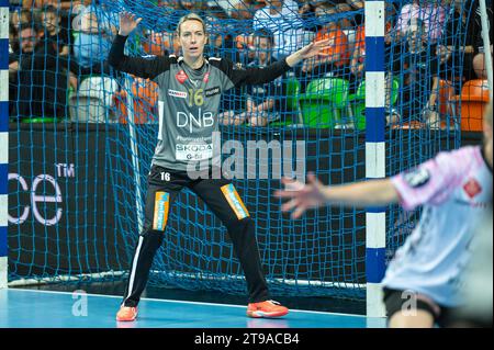 LUBIN, POLEN - 23. SEPTEMBER 2023: Handballfrauen EHF Champions League Spiel KGHM MKS Zaglebie Lubin gegen Vipers Kristiansand. In Aktion Torhüter LUN Stockfoto