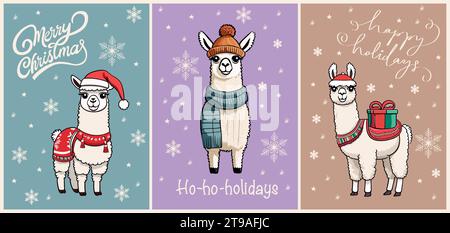 Lustige Winterkarten mit einem Cartoon Lama. Stock Vektor