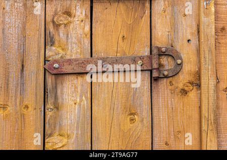 Ein rostiges antikes Türscharnier, das an einer lackierten Holztür verschraubt ist Stockfoto