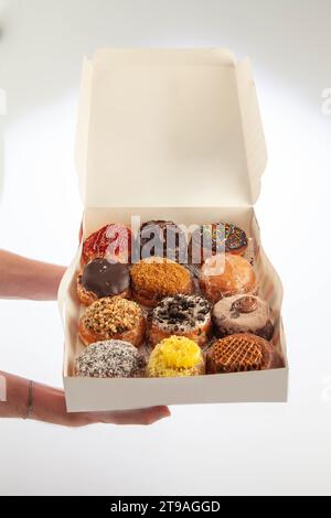 Schachtel mit zwölf großen Donuts, gemischt Brioche und schick mit Händen. Stockfoto